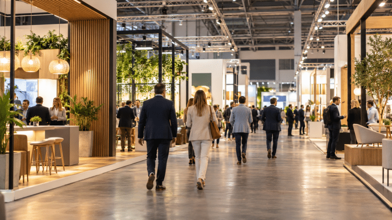 AI-sfeerbeeld van een moderne beursvloer met stands en bezoekers